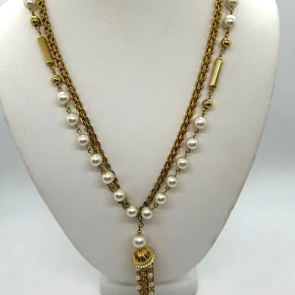 Vintage Faux Pearl Necklace Triple Strand Gold-Tone Chain Tassel Pendant 1970s - Picture 5 of 13